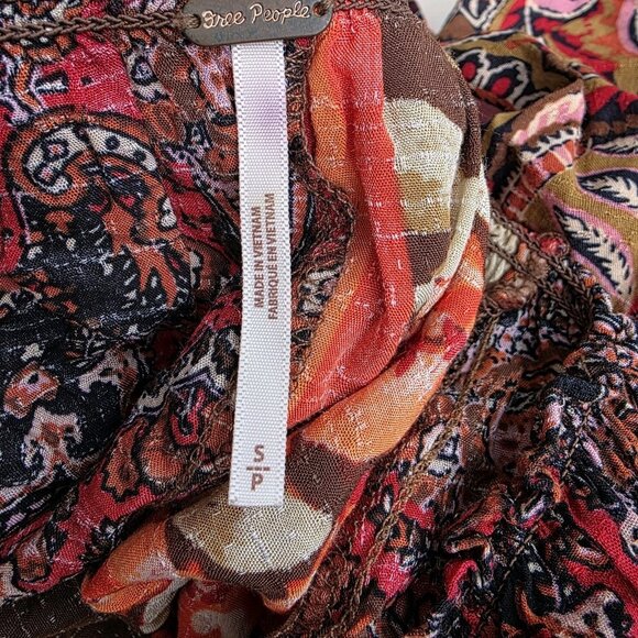 Free People Size Small Brown Red Fall Paisley Floral Peasant Blouse - Picture 6 of 7